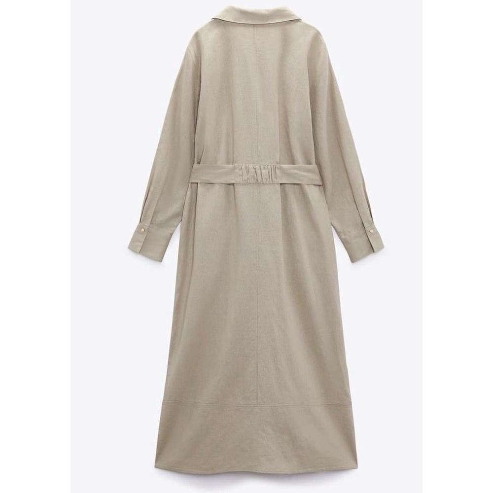 NWT Zara Linen Blend Long Sleeve Gold Buttondown Shirt  Khaki Tan Midi Dress M - Picture 14 of 14